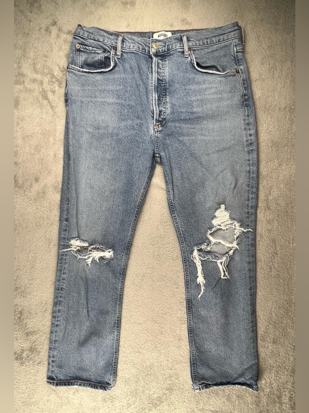 AGOLDE Riley Jeans Womens 32 High Rise Button Fly Straight Blue Denim Distressed